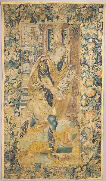 Appraisal: A Flemish Baroque historical tapestry fragment late th century Centering