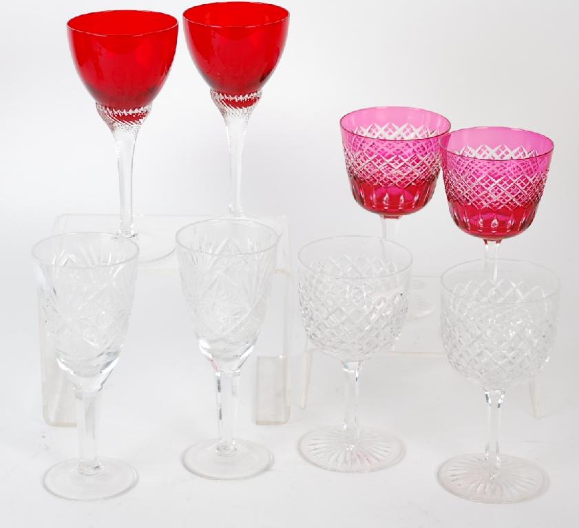 Appraisal: SET OF FIVE CUT AND CRANBERRY STAINED STEM WINE GLASSES