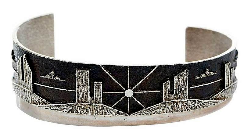 Appraisal: Southwestern Silver Cuff Bracelet sun and mesa scene tested sterling