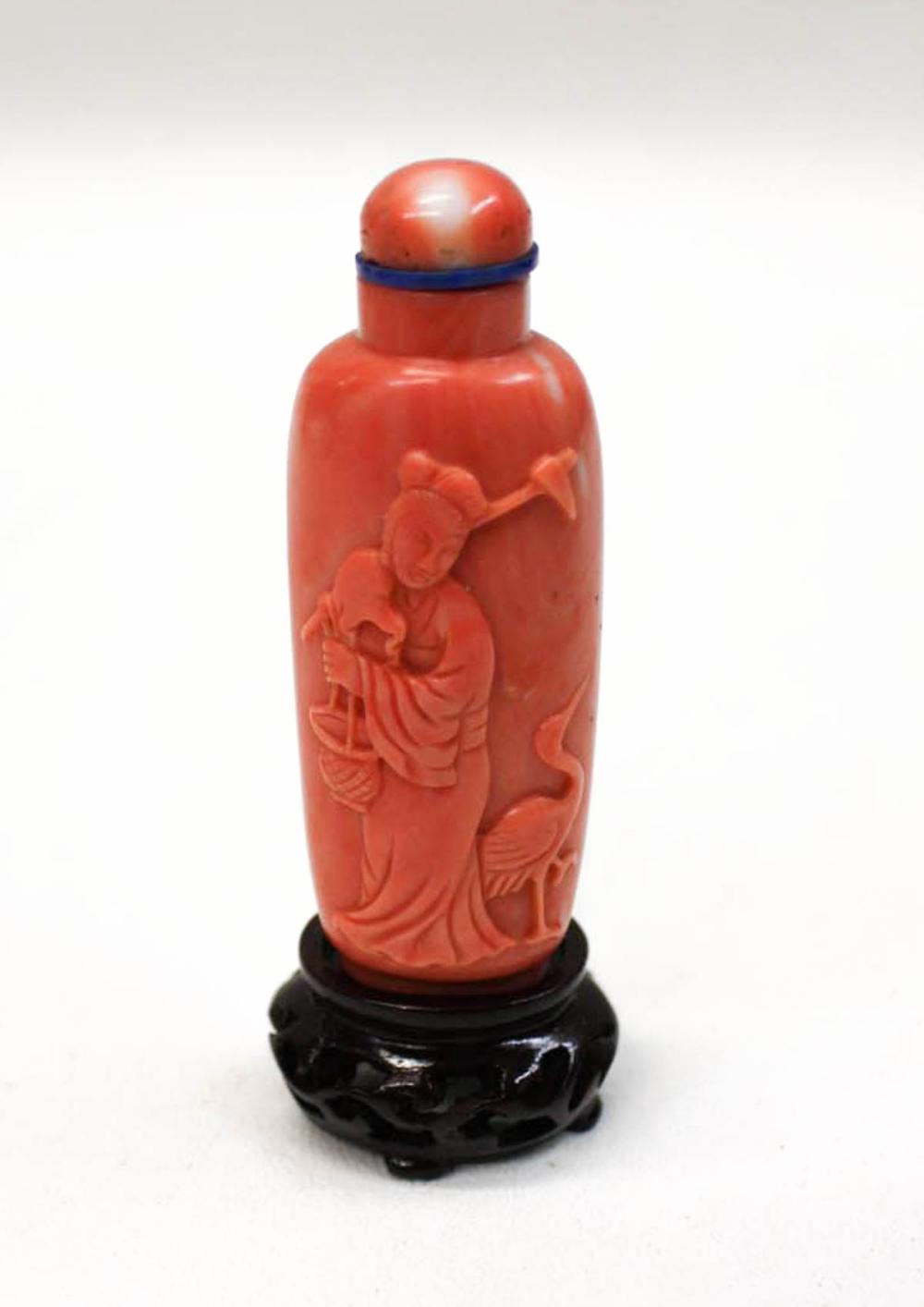 Appraisal: CHINESE CORAL SNUFF BOTTLE tall body with high rounded shoulders