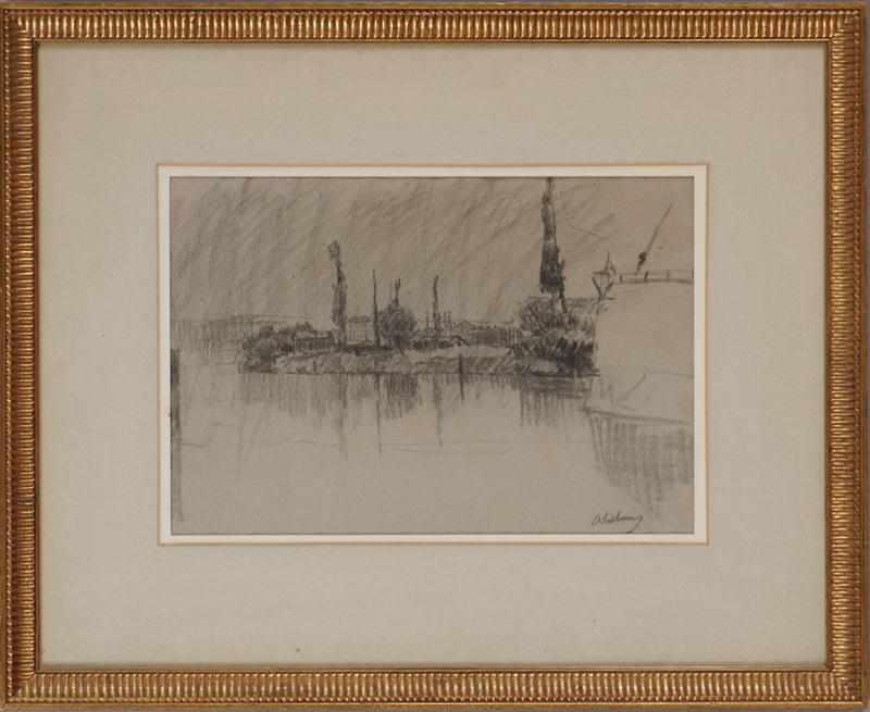 Appraisal: EUROPEAN SCHOOL RIVERSIDE LANDSCAPE Charcoal on paper signed illegibly lower