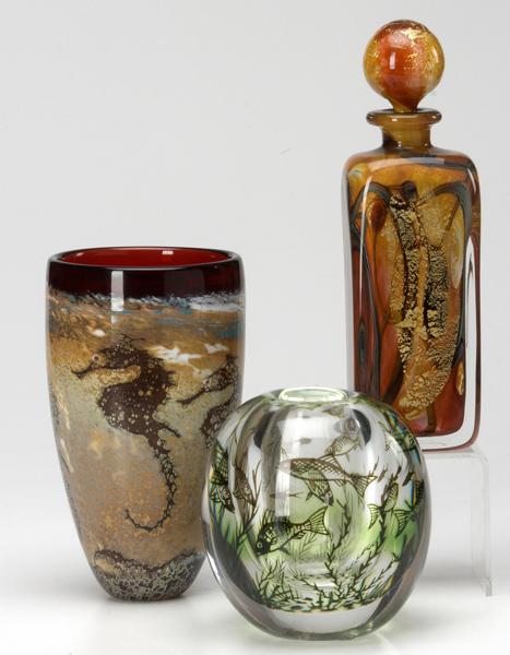 Appraisal: ART GLASS Three vases one stoppered another with seahorses Tallest