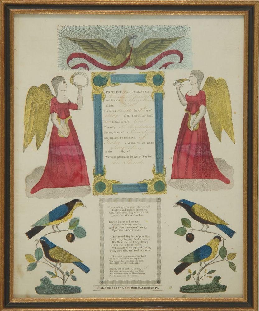 Appraisal: FRAMED PENNSYLVANIA PRINTED FRAKTUR Birth certificate depicting angels birds and