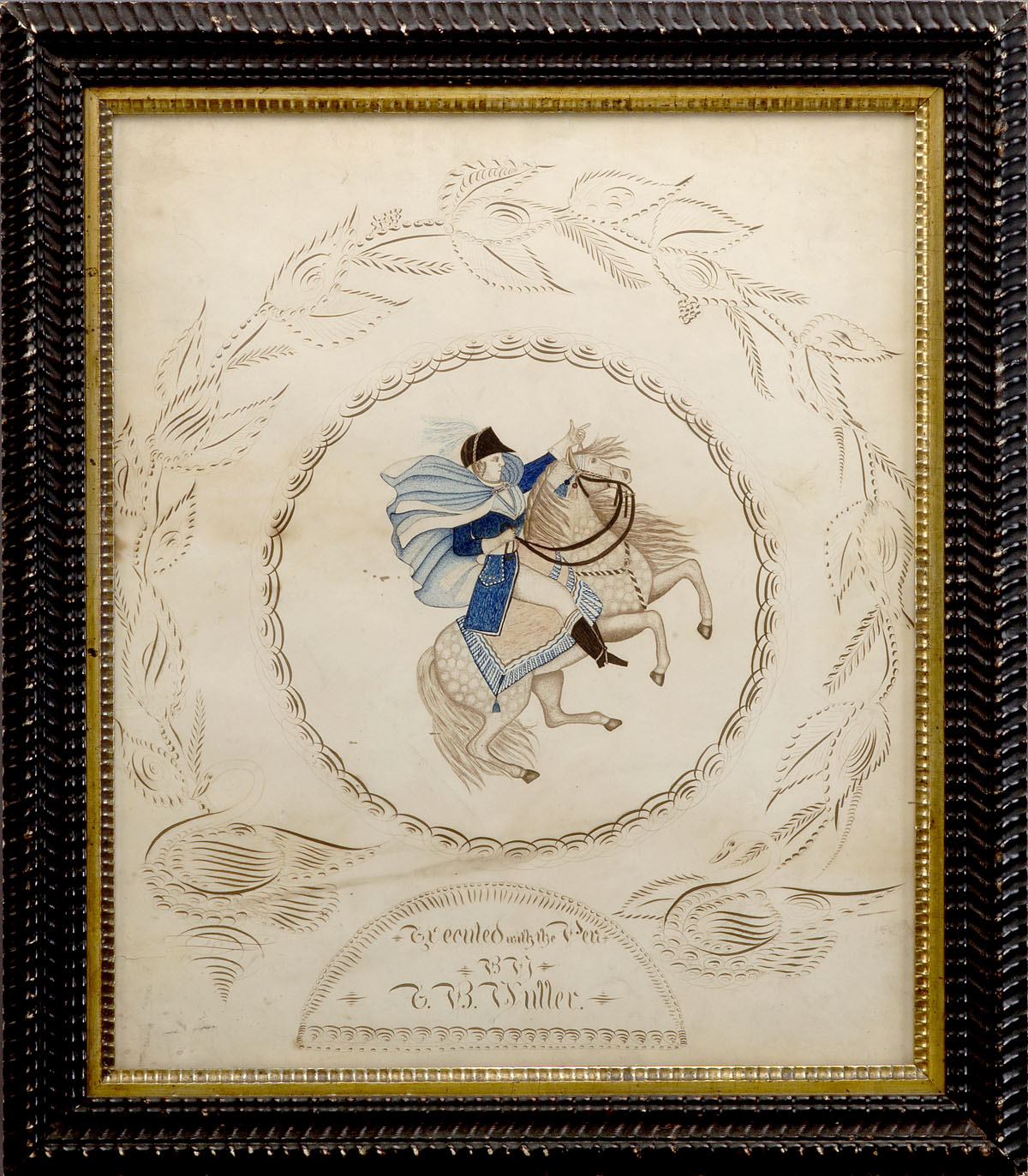 Appraisal: AMERICAN CALLIGRAPHIC DRAWING OF NAPOLEON ON HORSEBACK Elaborately executed in