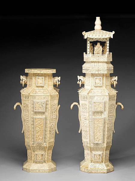 Appraisal: A pair of pieced bone and ivory pagoda stands th