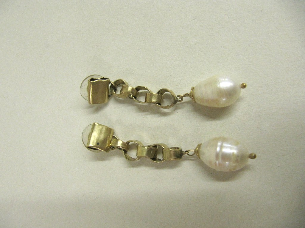 Appraisal: Cultured pearl long drop earrings with gilt metal mounts