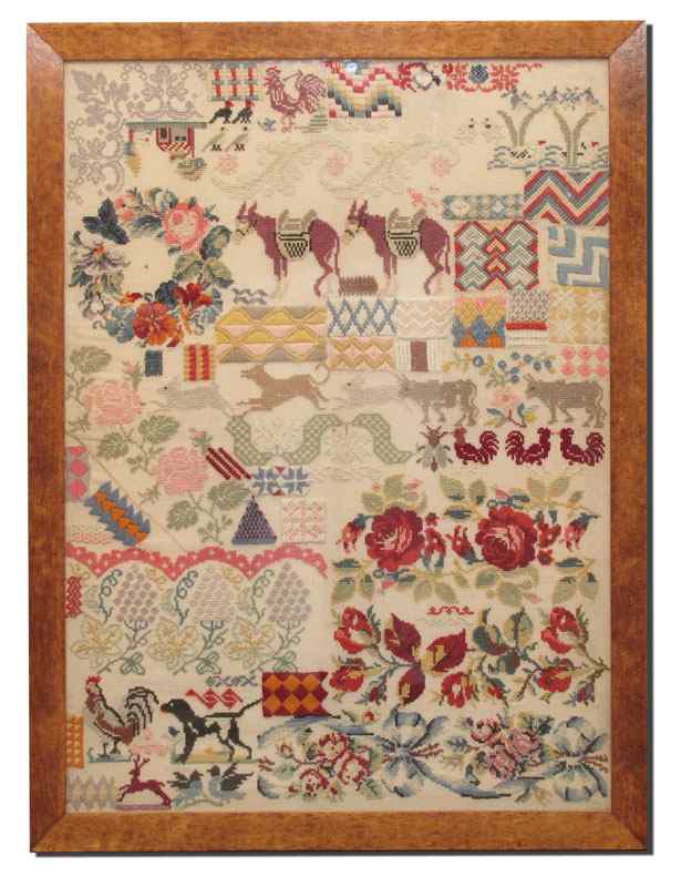 Appraisal: th C HAND STITCHED SAMPLER Worked in bright colors in