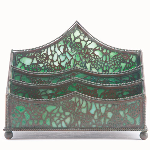 Appraisal: TIFFANY STUDIOS STYLE Bronzed metal and green glass letter rack