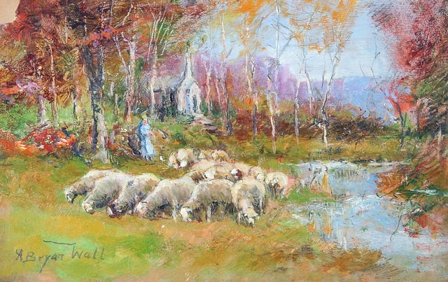 Appraisal: Scene with sheep grazing by water and church in background