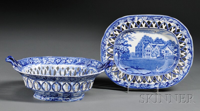 Appraisal: Blue Transfer-decorated Staffordshire Pottery Fruit Basket and Undertray Enoch Wood