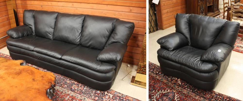 Appraisal: TWO-PIECE CONTEMPORARY BLACK LEATHER SOFA AND ARMCHAIR SET made in