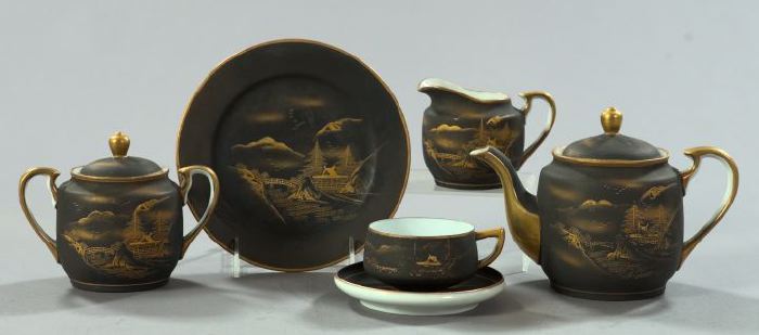 Appraisal: Dramatic Twenty-One-Piece Japanese Taisho Black and Gold Eggshell Porcelain Tea