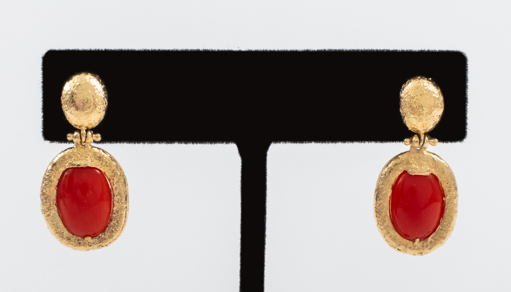 Appraisal: K YELLOW GOLD RED CORAL CABOCHON EARRINGS K yellow gold