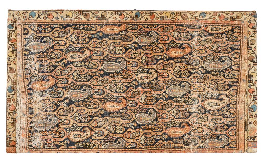 Appraisal: PERSIAN RUG FRAGMENTmounted to panel possibly used as a queen-size