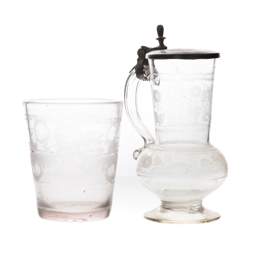 Appraisal: Bohemian etched glass flagon and flip glass th century flip