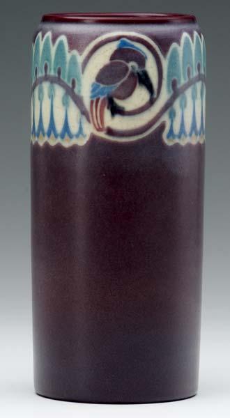 Appraisal: ROOKWOOD Vellum cylindrical vase decorated by Lorinda Epply with purple