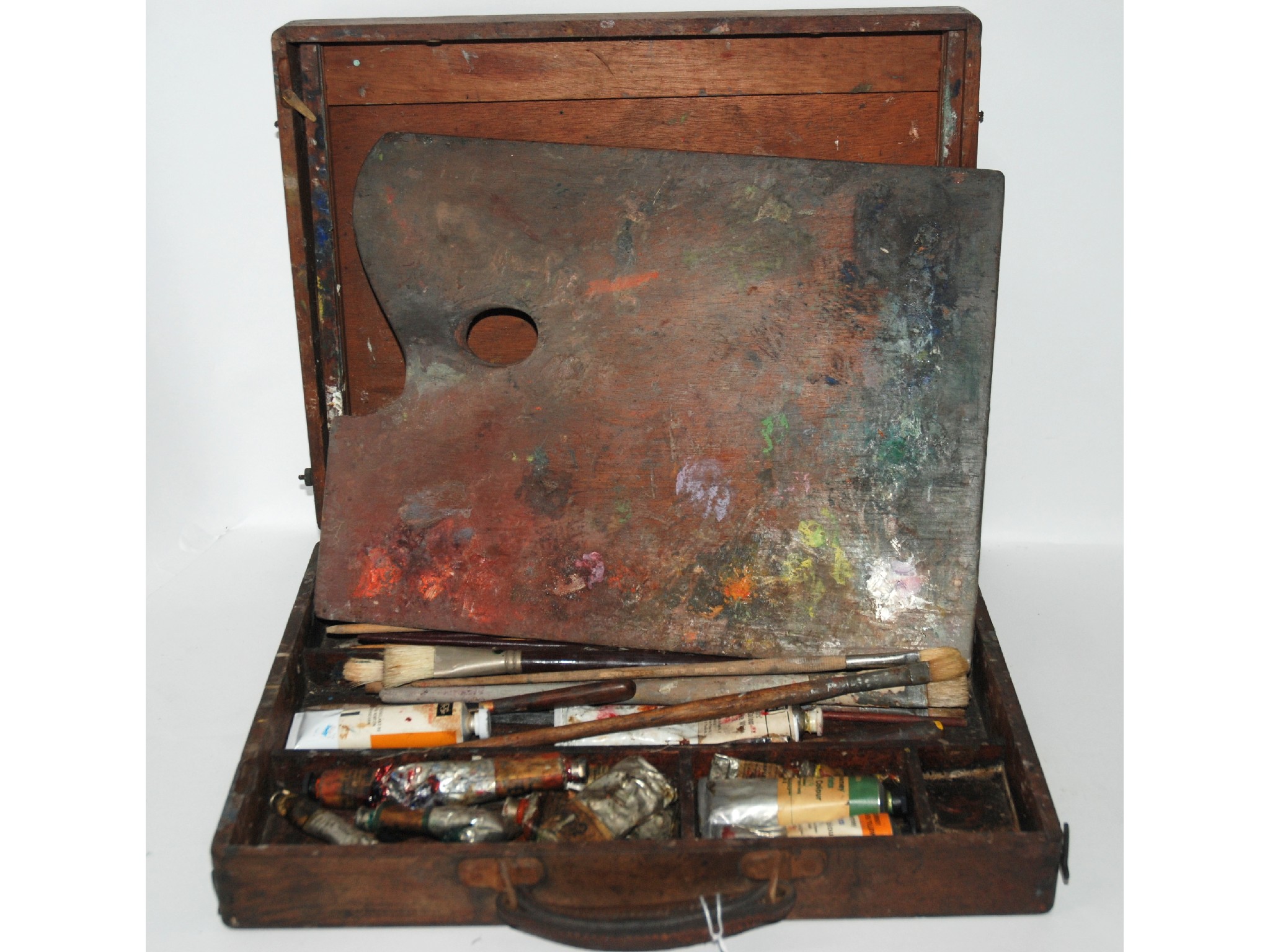 Appraisal: An oak cased artist paint box with palette