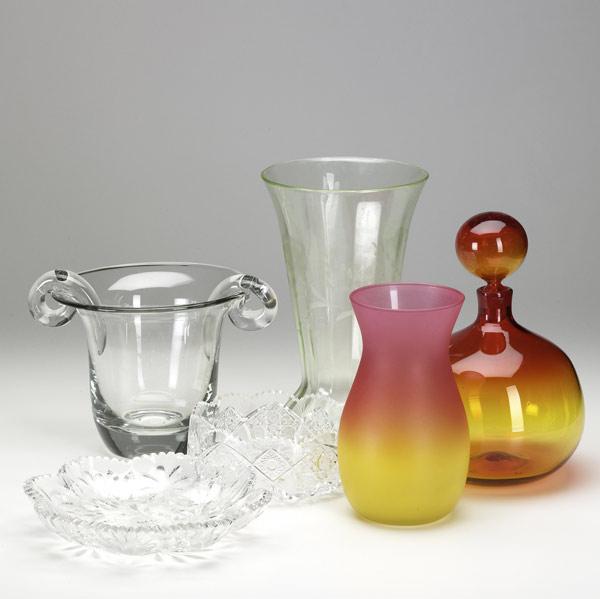 Appraisal: GLASS GROUPING Six pieces include Steuben type ice bucket amberina