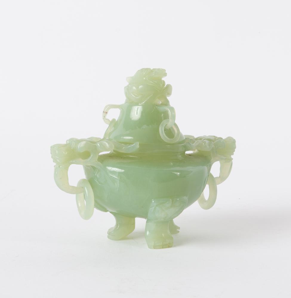 Appraisal: CHINESE PALE GREEN JADEITE TRIPOD CENSER Lab-tested jadeite jade censer