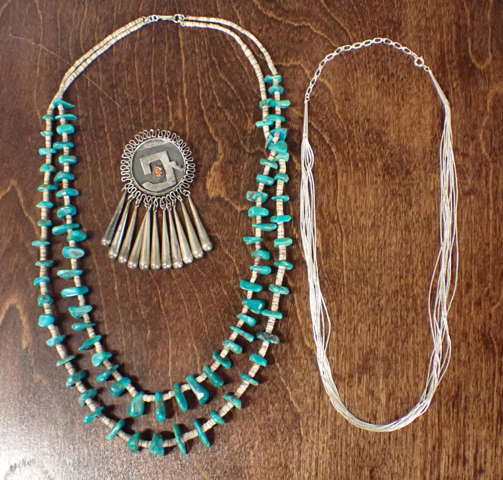 Appraisal: THREE ARTICLES OF NATIVE AMERICAN JEWELRY including a double strand