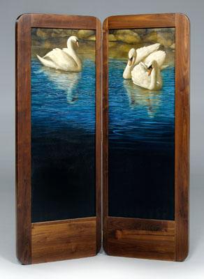 Appraisal: William Wolk painted room screen two-panel screen depicting swans on