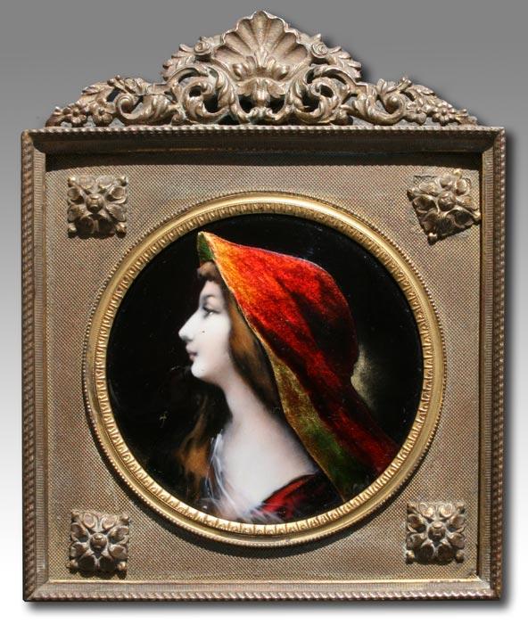 Appraisal: EXCEPTIONAL MINIATURE ENAMEL ON COPPER PORTRAIT ''Mireille'' '' diameter monogrammed