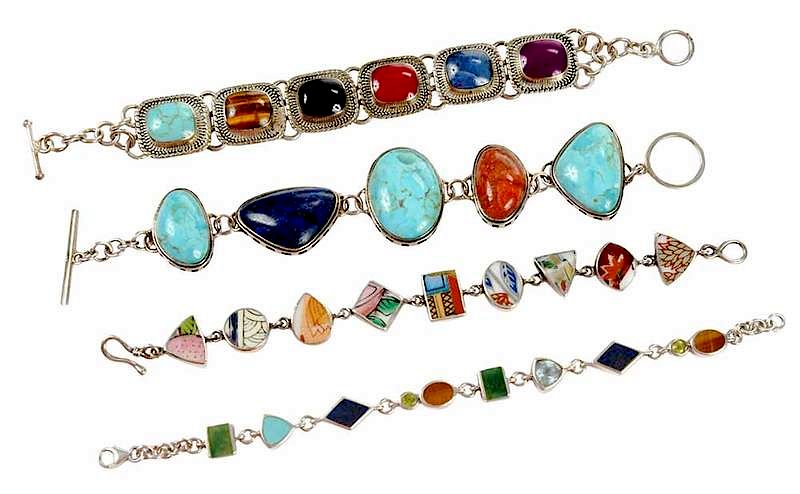 Appraisal: Four Sterling Silver and Gemstone Bracelets including cabochon turquoise carnelian