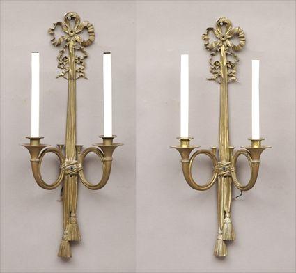 Appraisal: Pair of Louis XVI-Style Gilt-Metal Two-Light Wall Sconces with Ribbon-Form