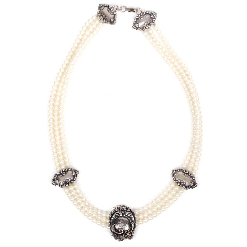 Appraisal: Foree sterling silver medallion -strand cultured pearl vintage estate choker