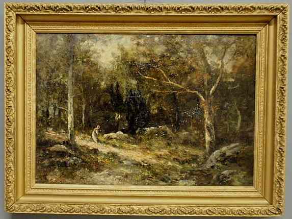 Appraisal: Oil on panel Barbizon School landscape painting of a woman