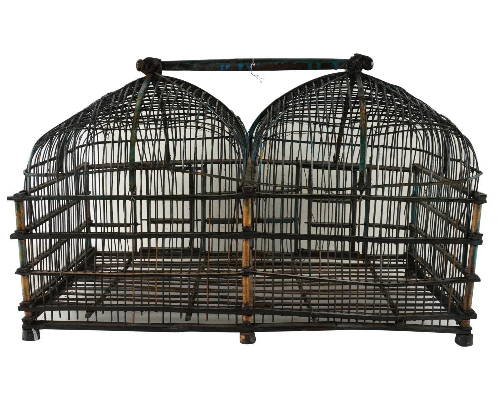 Appraisal: PAINTED WOOD WICKER DOUBLE BIRDCAGECondition one door with added wire