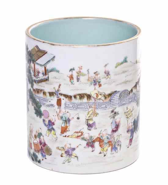 Appraisal: A Chinese Famille Rose Porcelain Brush Pot depicting a boys'