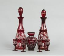 Appraisal: Bohemia Flashed Ruby Glass Decanter Cordial Set Includes two decanters