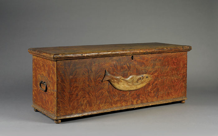 Appraisal: SAILOR-MADE SEA CHEST WITH quot SEAWEED quot DECORATION The russet