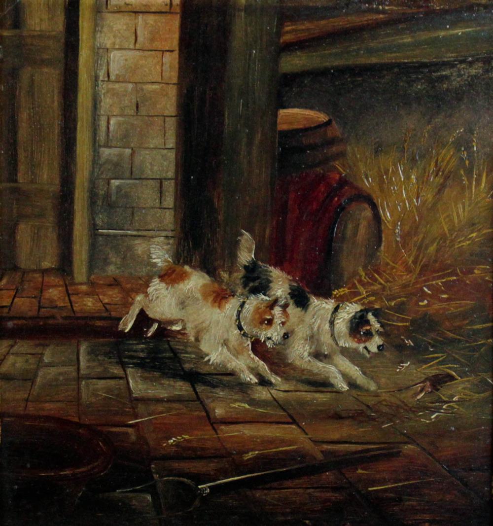 Appraisal: BRITISH SCHOOL TH TH CENTURY TERRIERS Oil on panel x