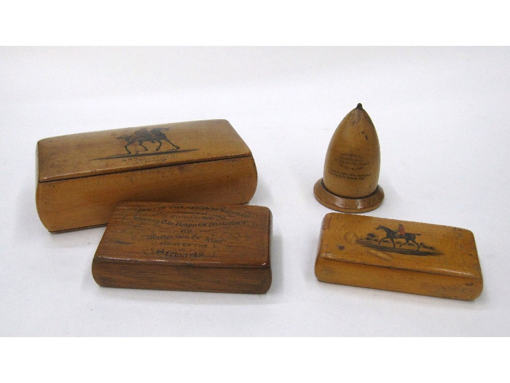 Appraisal: Lot comprising three snuff boxes and a Mauchline thimble box