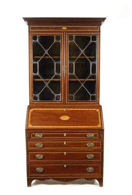 Appraisal: A th century mahogany bureau bookcase inlaid fan marquetry and