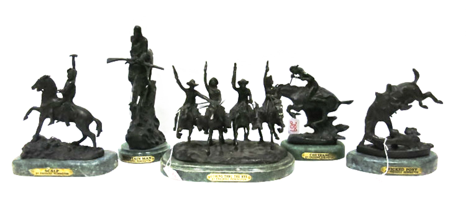 Appraisal: FIVE CAST BRONZE SCULPTURES AFTER FREDERIC REMINGTON Mountain Man Coming