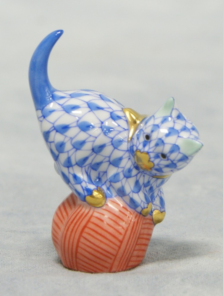 Appraisal: Herend Blue Fishnet Cat on Ball of Yarn figurine tall