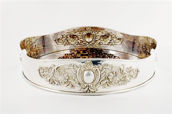 Appraisal: English silverplate and tortoiseshell serving tray raised chased rim pierced