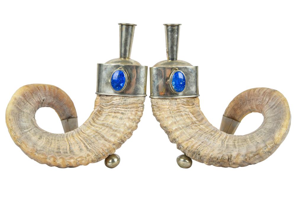 Appraisal: PAIR OF LAPIS HORN CANDLESTICKSCondition with silver-plate candlesticks and holders