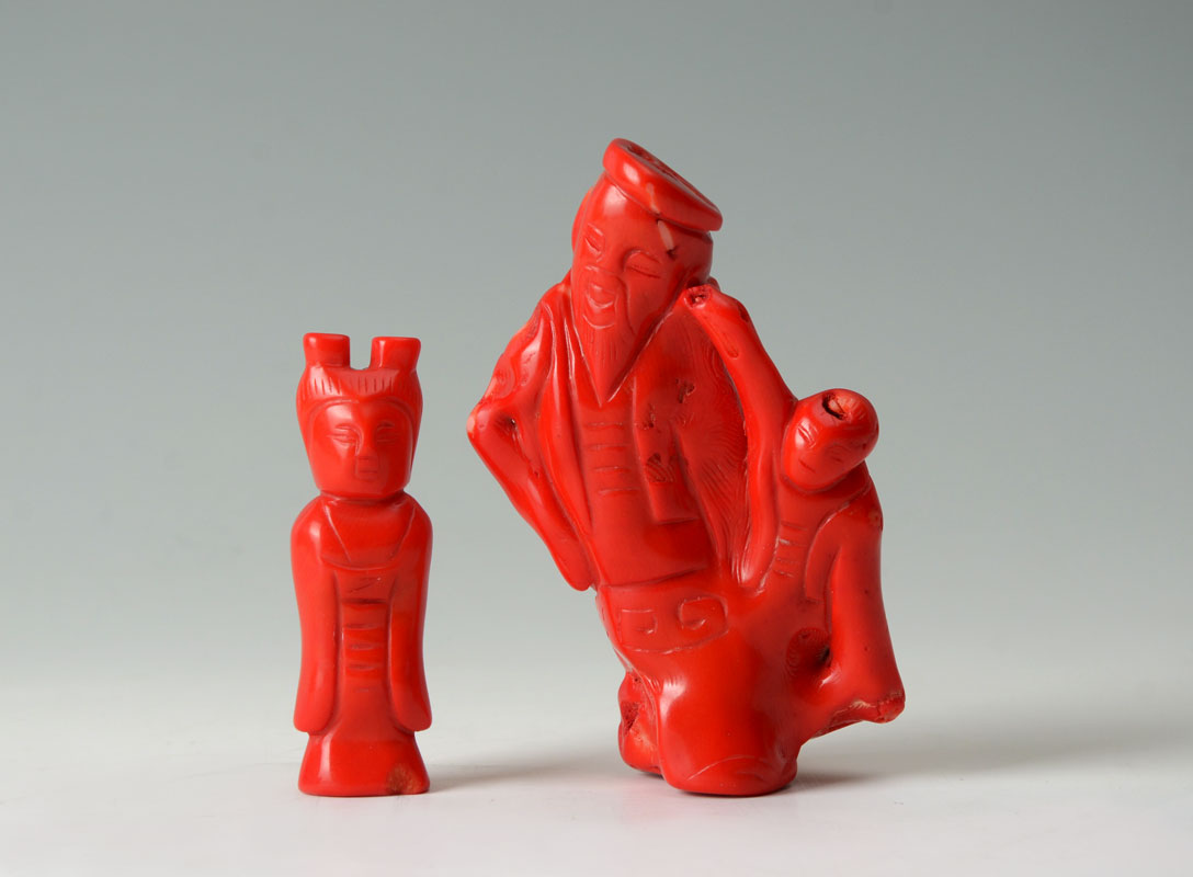 Appraisal: CHINESE CARVED RED CORAL FIGURES pieces total to include Figural