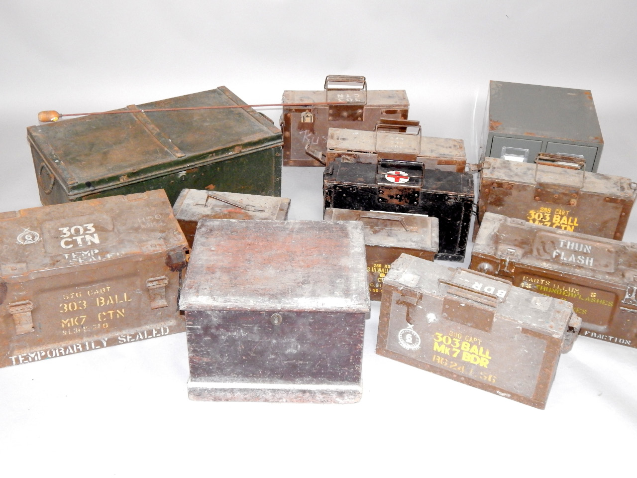 Appraisal: A quantity of military ammunition and other tin boxes some