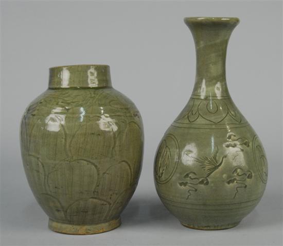 Appraisal: TWO KOREAN CELADON VASES impressed decoration height of tallest inches