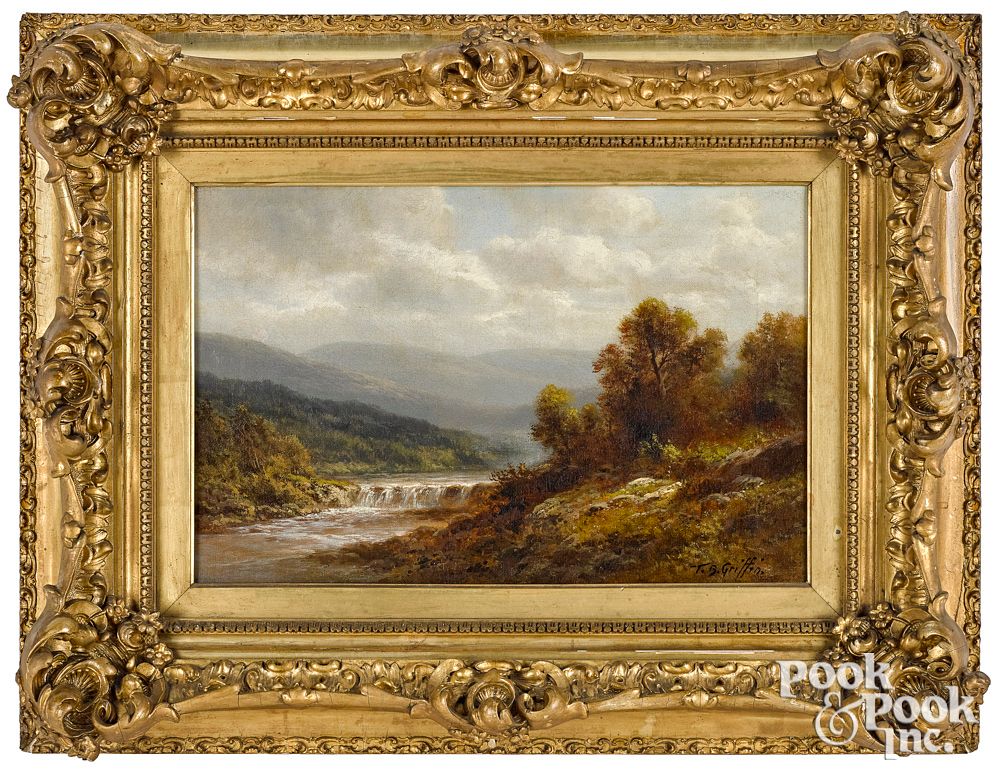 Appraisal: Thomas B Griffon oil on canvas river landscape Thomas B