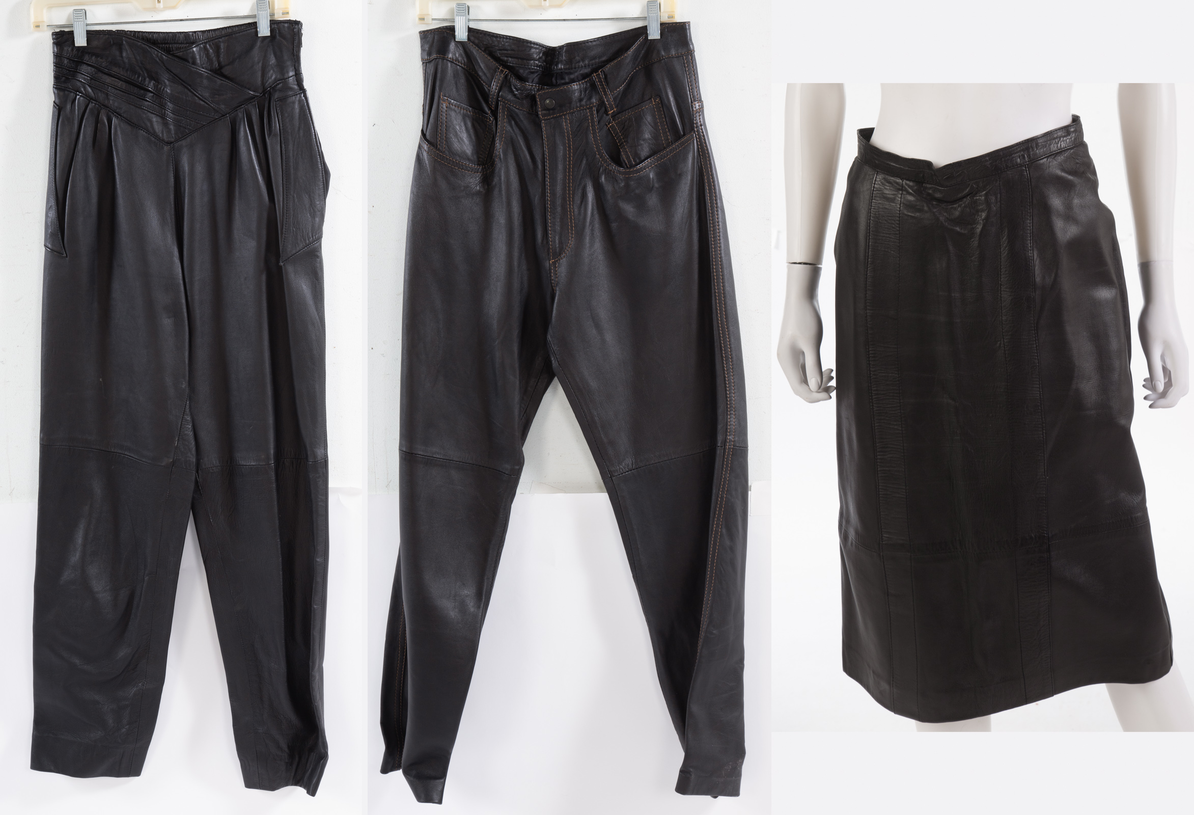 Appraisal: THREE PIECES OF LEATHER CLOTHING leather pants in waist in