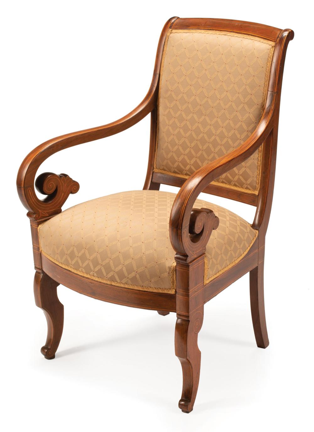 Appraisal: Charles X Inlaid Mahogany Fauteuil early th c scrolled back