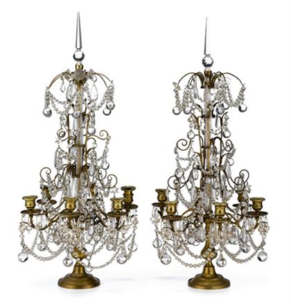 Appraisal: Pair of French six-light brass and glass girandoles Each with