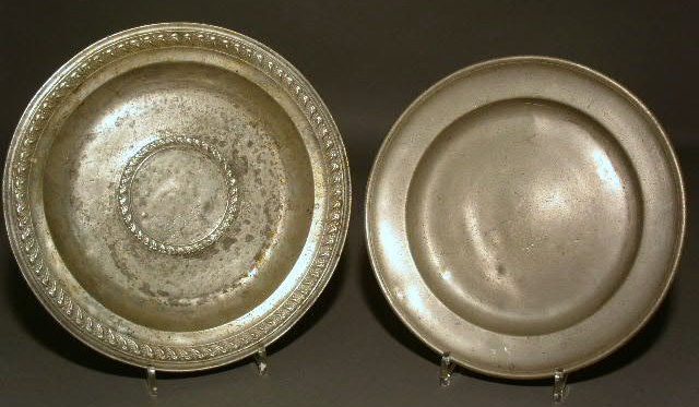 Appraisal: English pewter bowl diam and a pewter plate diam probably