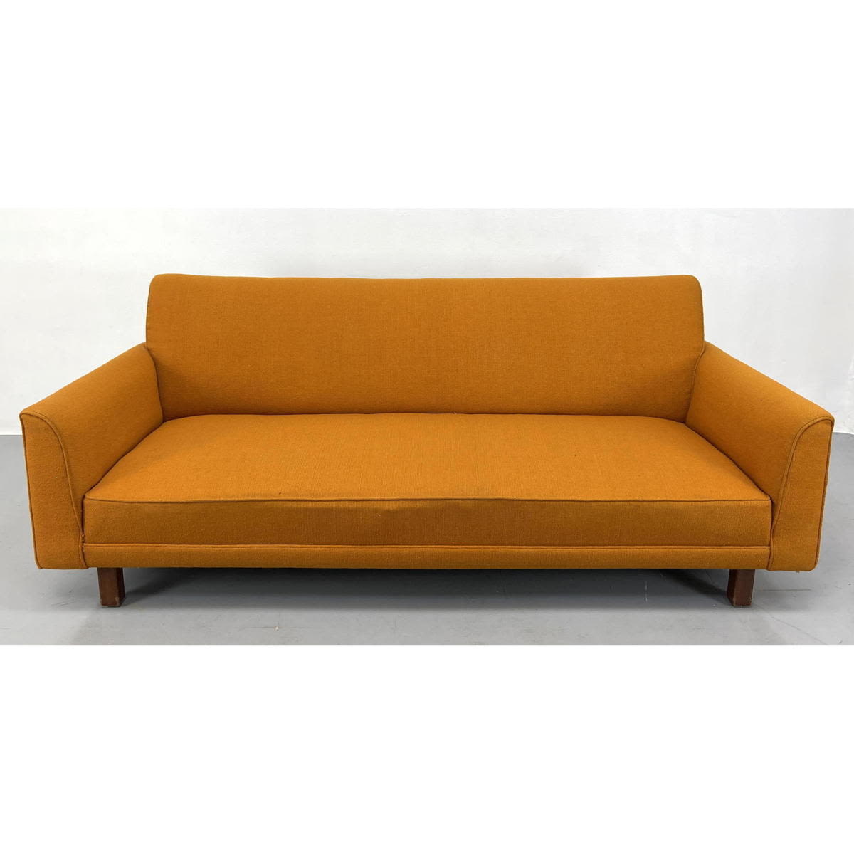 Appraisal: Orange Fabric Modernist Sofa Couch Wood Square Legs Dimensions H